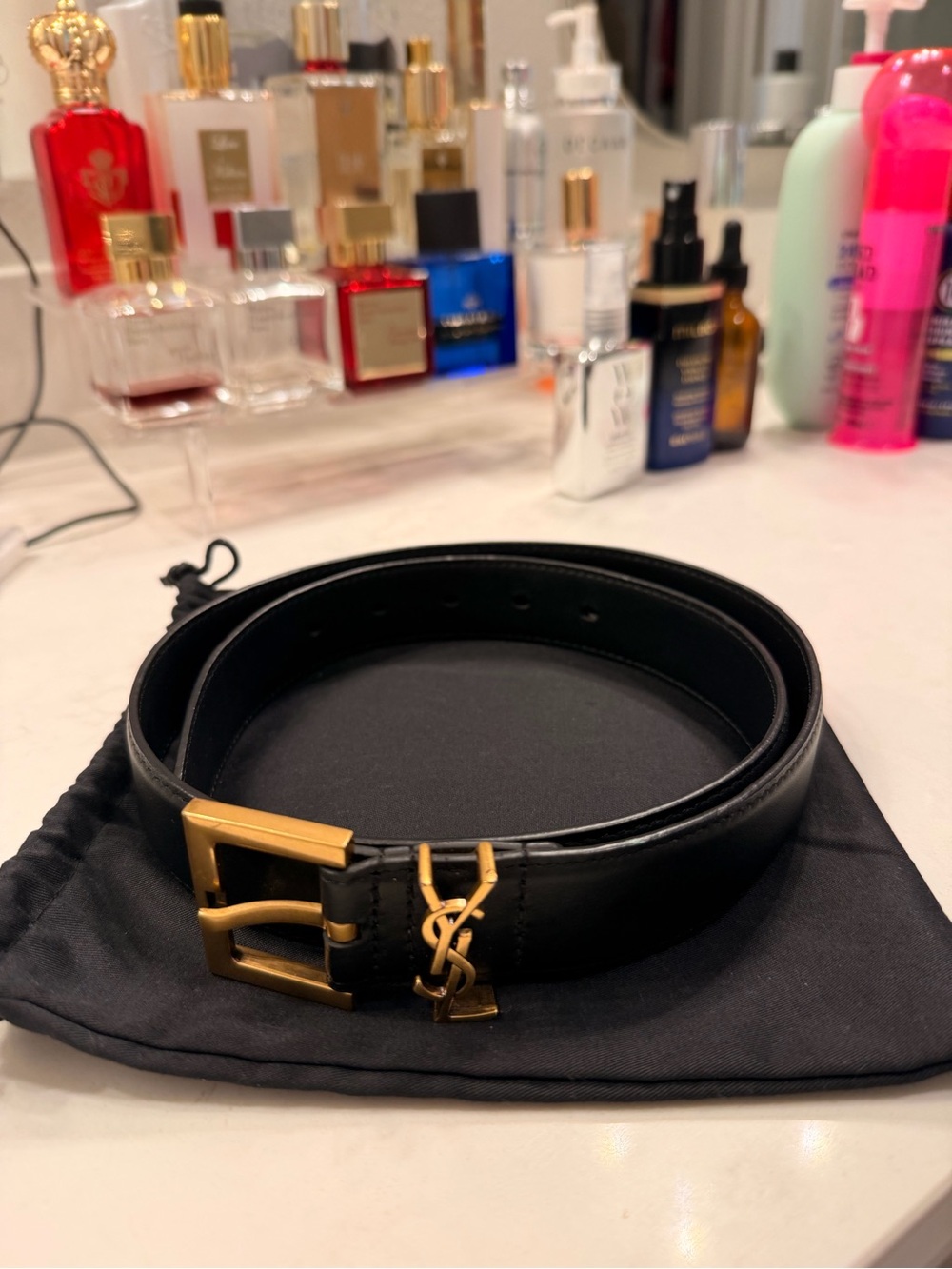 Saint Laurent Black Leather Belt with Gold YSL Buckle - Picture 1 of 7